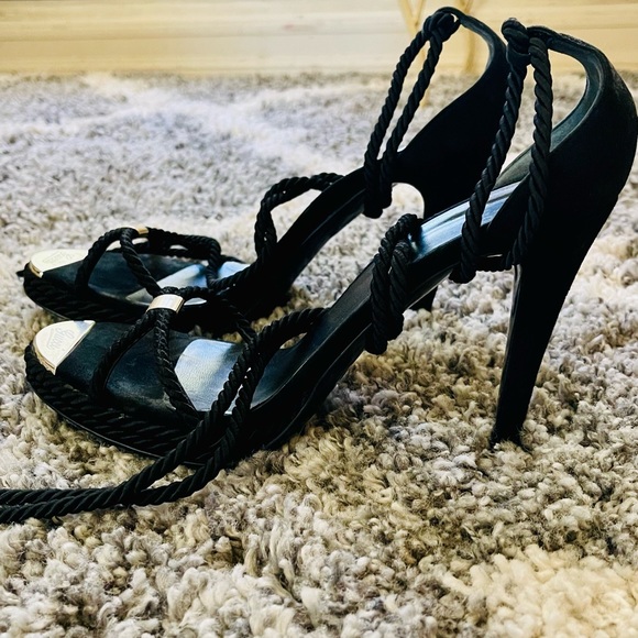 Gucci Black Suede Platform Sandals Stiletto Heels GoldMetalToeSatin RopeBraided - Picture 2 of 4